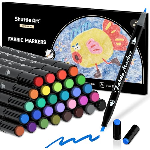 Image of Shuttle Art Fabric Markers Pens, 30 Colors Dual Tip Fabric Marker Permanent No Bleed Markers for T-Shirts Sneakers, Non-Toxic & Child Safe Shirt Pens for Adult Painting Writing