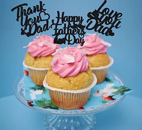 Jozon 24 Pieces Black Glittery Happy Father's Day Cupcake Toppers With Tie Hat Heart Beard Signs Fathers Day Cupcake Picks For Dads Day Party Supplies Cupcake Decorations #TOP4