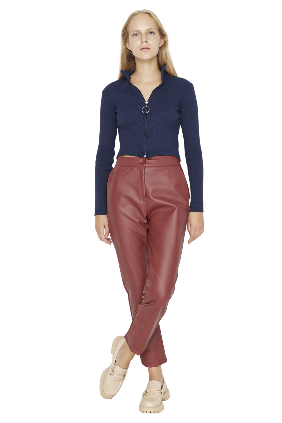 Trendyol Women High Waist Straight Leg Cigarette Pants Trousers Brown