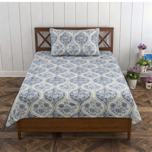 Image of Mafatlal 186 TC Grace Cotton Bedsheet for Single Bed | 90 x 60 Inch | Soft, Breathable & Durable Pure Cotton Fabric | Includes Pillow Cover | Powder Blue