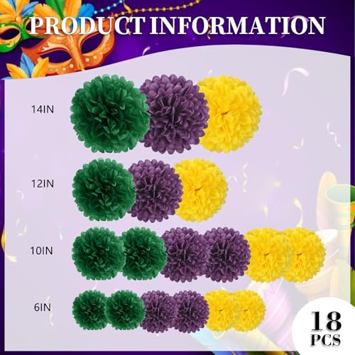 Image of 18 PCS Tissue Paper Pom Poms, Tissue Pom Poms Flowers, Sizes of 6 inch, 10 inch, 12 inch, 14 inch Hanging Paper Flower Ball for Wedding, Birthday, Mardi Gras, Baby Shower Party Supplies Decor (Yellow Green Purple)