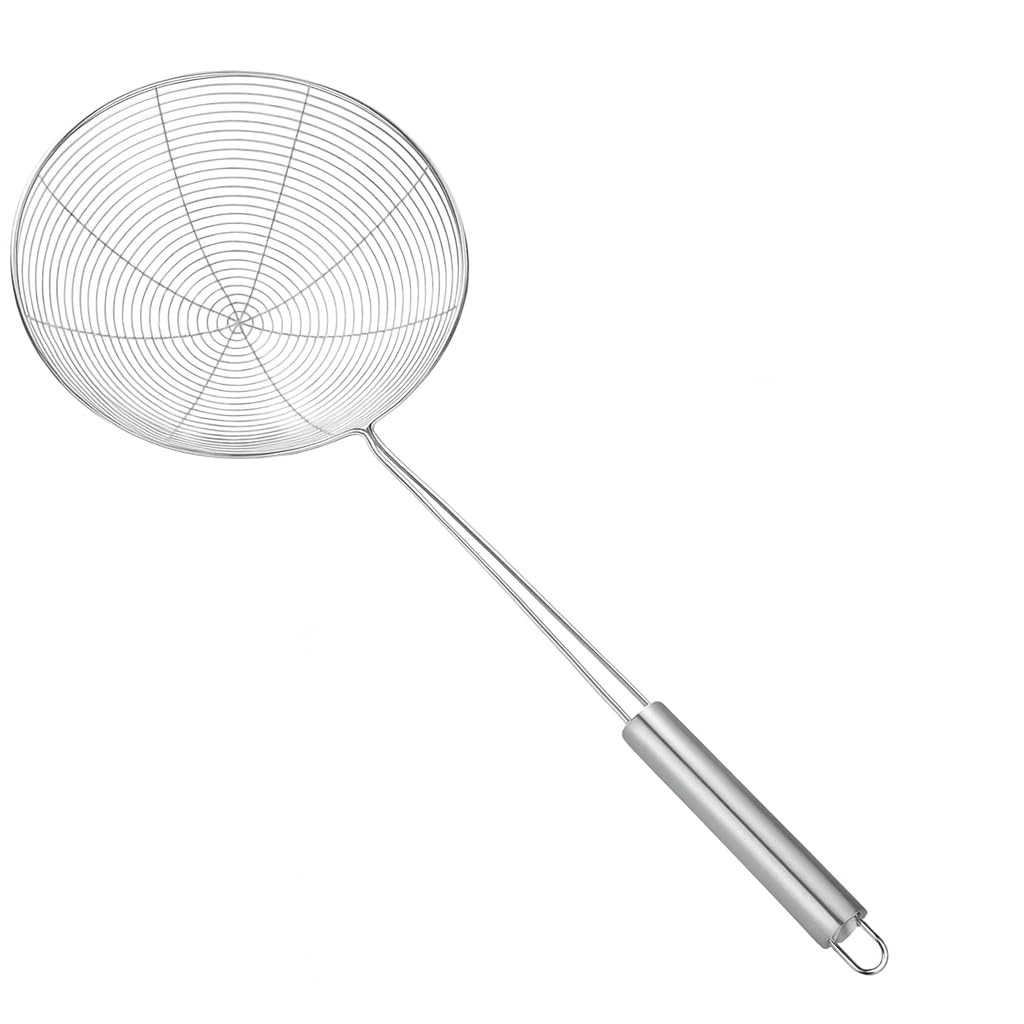 Cucchiaio o scrematore 'acciaio inossidabile, grande colino a mano lunga per la cucina che cucina e frittura, colino del ragno degli spaghetti (Argento