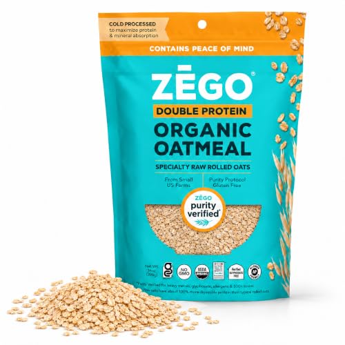 ZEGO Organic Double Protein Raw Oats, Must Be Cooked, Gluten Free | 14 oz Old Fashioned Rolled Oats | Hot Oatmeal, Baking, Protein Balls | Purity Verified, Tested for Glyphosate