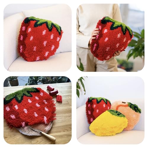 Image of CRAFT CLUB Strawberry Cushion DIY Kit | Sewing Kit with Suede-Style Backing & Zipper | Latch Hook Kits with Pre-Cut Yarn & Wooden Tools | Cushion Covers for Bedroom Decor | 17in x 15in