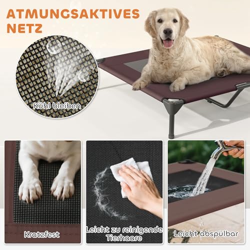PawHut Hundeliege Outdoor mit Dach, Erhöhtes Hundebett für Große Hunde, Kühlendes Haustierliege mit Waschbares Mesh Stahlrahmen Tragtasche, Haustierbett für Draußen Camping 91x76x90cm, Kaffee