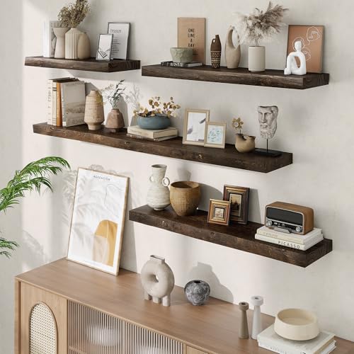 Image of Acovy Extra Deep 36 inch Long Live Edge Rustic Floating Shelves for Wall, Solid Wood Wall Shelves with Invisible Bracket Mount for Living Room Bathroom Bedroom Kitchen, Set of 2, Walnut
