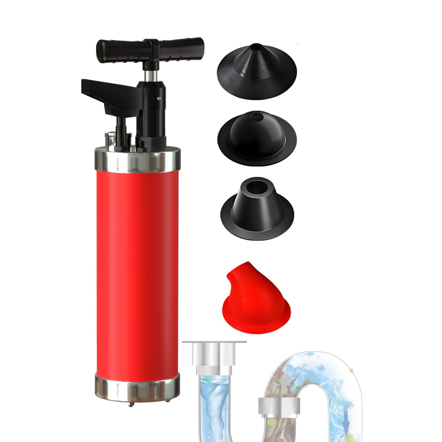 Pompa Stura scarichi a Pressione con 4 Teste di Pistone, Stantuffo per WC ad Aria Compressa con Barometro, Sturalavandino ad Aria Compressa, per WC, Lavandino, Bagno