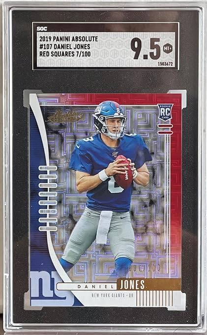 Daniel Jones Graded SGC Mint+ 9.5 Red Squares Serial Numbered #7/100 Rookie Card Collectible Football Card - 2019 Panini Absolute Football Card #107 (Giants)
