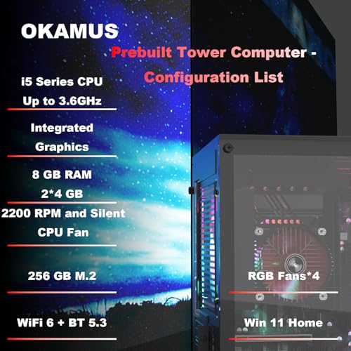 Image of Gaming PC, i5 CPU Up to 3.6GHz, Integrated Graphics, 256 GB M.2, 8 GB RAM Pre-Built Computer, RGB Fans x 4, Win 11 Home,WiFi 6 + BT 5.3, 400W PSU (i5 CPU+256GB+8GB)