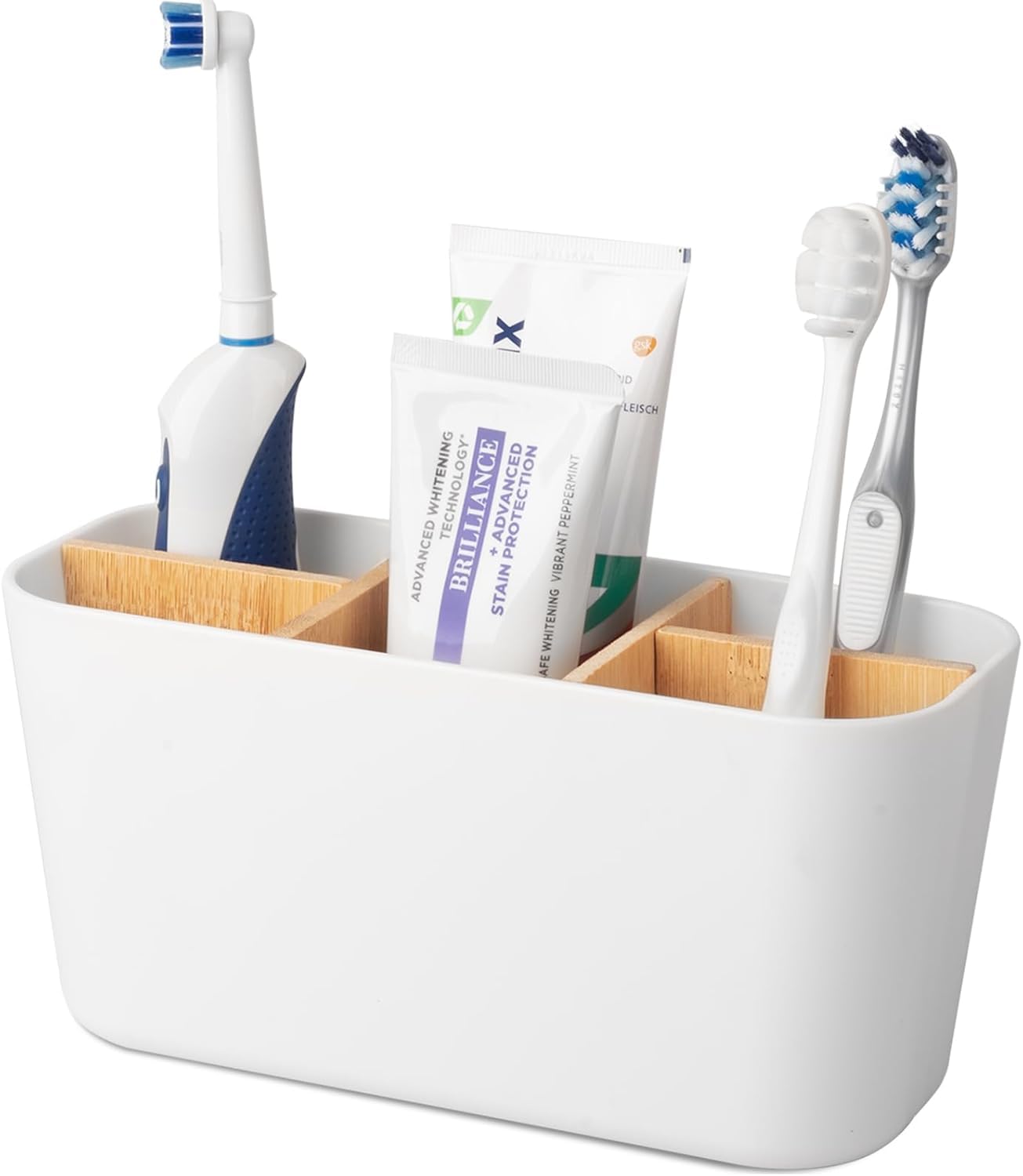 Bingobang Toothbrush Holder for Bathroom, Bamboo Electric Toothbrush and Toothpaste Holder with 5 Storage Slots, Toothbrush Caddy Organiser for Family Bathroom Countertop (White)