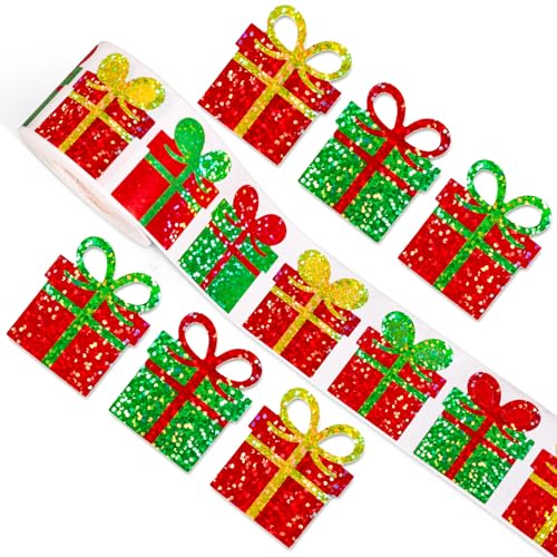 Whaline Christmas Stickers Roll Laser Seal Stickers Red Green Gift Box Waterproof Self-Adhesive Decals for Xmas Holiday Envelope Journal Present Decor 500 Pcs