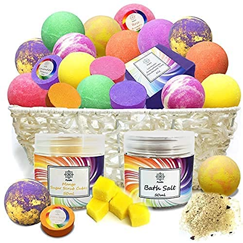 PurelisBath Bomb Gift Set. Wicker Bath Basket Includes Bath Fizzers, Shower Steamers, Handmade Soap, Bath Salt & Mango Sugar Scrub. All Made from Natural & Organic Ingredients. Great Gift for Her. …