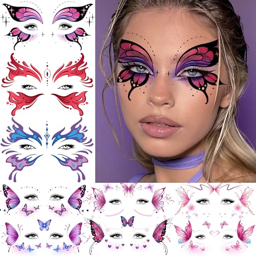 Image of 10 Sheets Butterfly Temporary Tattoos For Women Face Freckles Tattoo Sticker, Realistic Flying Butterflies Fake Tattoos Eyelid Eyeliner Eye Shadow Makeup Decal Halloween Costume Princess Fairy Cosplay