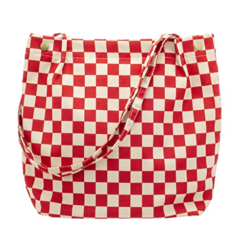 PAZIMIIK Sacolas femininas de veludo cotelê, reutilizáveis, compras, compras, ombro para uso diário, para o trabalho, Xadrez vermelho, Medium, Xadrez
