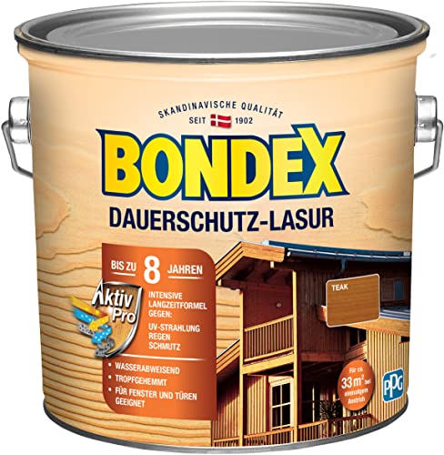 Bondex Dauerschutz Lasur Teak 2 5 L für 32 m | Hoher Wetter- und UV-Schutz bis zu 8 Jahre | Tropfgehemmt | Natürliches Abwittern - kein Abplatzen | Dauerschutzlasur| Holzlasur