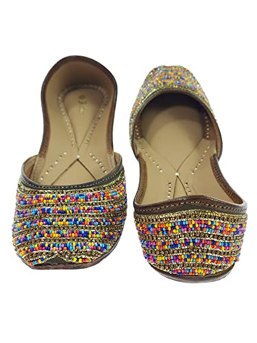 Women's Colors Beads Genuine Soft Leather Juttis | Bite and Pinch Free Jutis | Ladies Punjabi Jutti | Wedding Flat Stylish Mojari | Bridal Ethnic Flats For Girls |3