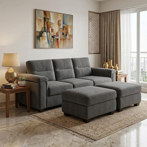 Image of FURNY Parker 3 Seater Sofa Set with 2 Ottomans | Premium Suede Velvet Fabric Finish | Durable Comfort Sofa for Modern Living Room & Office Spaces