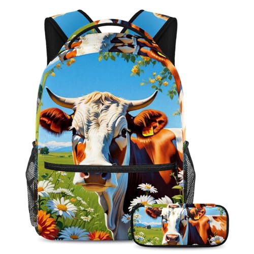 Sac à dos avec trousse scolaire ado fille garçon, grand cartable imprimé vache