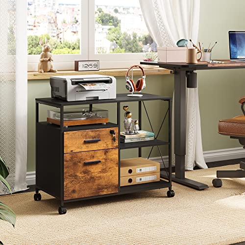 Devaise 2 Drawer Lateral File Cabinet With Lock, Mobile Printer Stand With Open Storage Shelf, Wood Filing Cabinet Fits A4 Letter Size For Home Office, Rustic Brown #TOP1