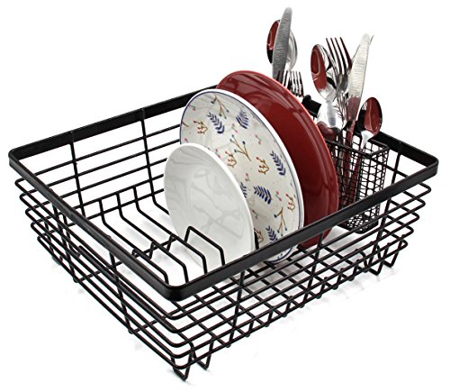 TQVAI Kitchen Dish Drying Rack Dish Drainer with Full-Mesh Silverware Storage Basket, Black