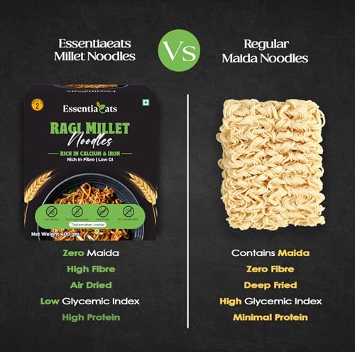 Image of Essentiaeats Ragi Millet Noodles Includes Tastemaker 400g Pack of 2, No Maida Not Fried No Preservatives No MSG Healthy Hakka Noodles Ready to Cook