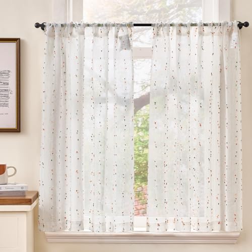 TOPICK Rideau Cuisine Voilage Brise Bise, Rideaux Court Lot de 2, avec Multicolores Pois 90L x 90H(cm) Passe-Tringle, pour Placard Fenetre Salon sous Evier
