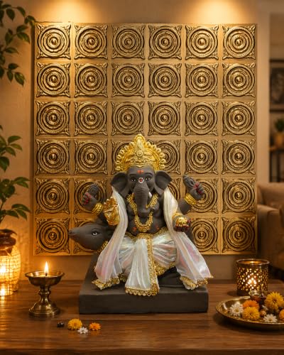 Image of SATYAM KRAFT 9 Piece Ganpati Bappa Backdrop, janmashtami Decor | Wall Panels (9 pcs set) | 30 x 30 CM Each Panel | 90 x 90 CM DIY Mandap Background | 9 Panels | Includes Double-Sided Tape (Golden)