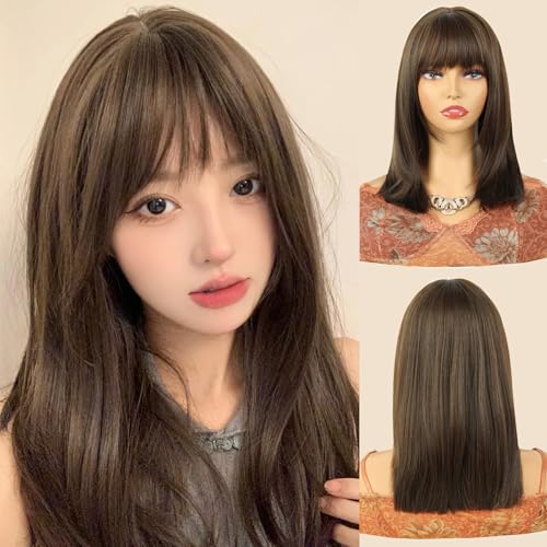 Image of Creamily Straight Short Hair Wig for Woman Full Head Natural, Full Head Hair Wig for Women, Bob Cut Wigs for Women, Ladies Wigs with Bangs,Korea Bob Style for Daily Use (Brown, 14 Inches)