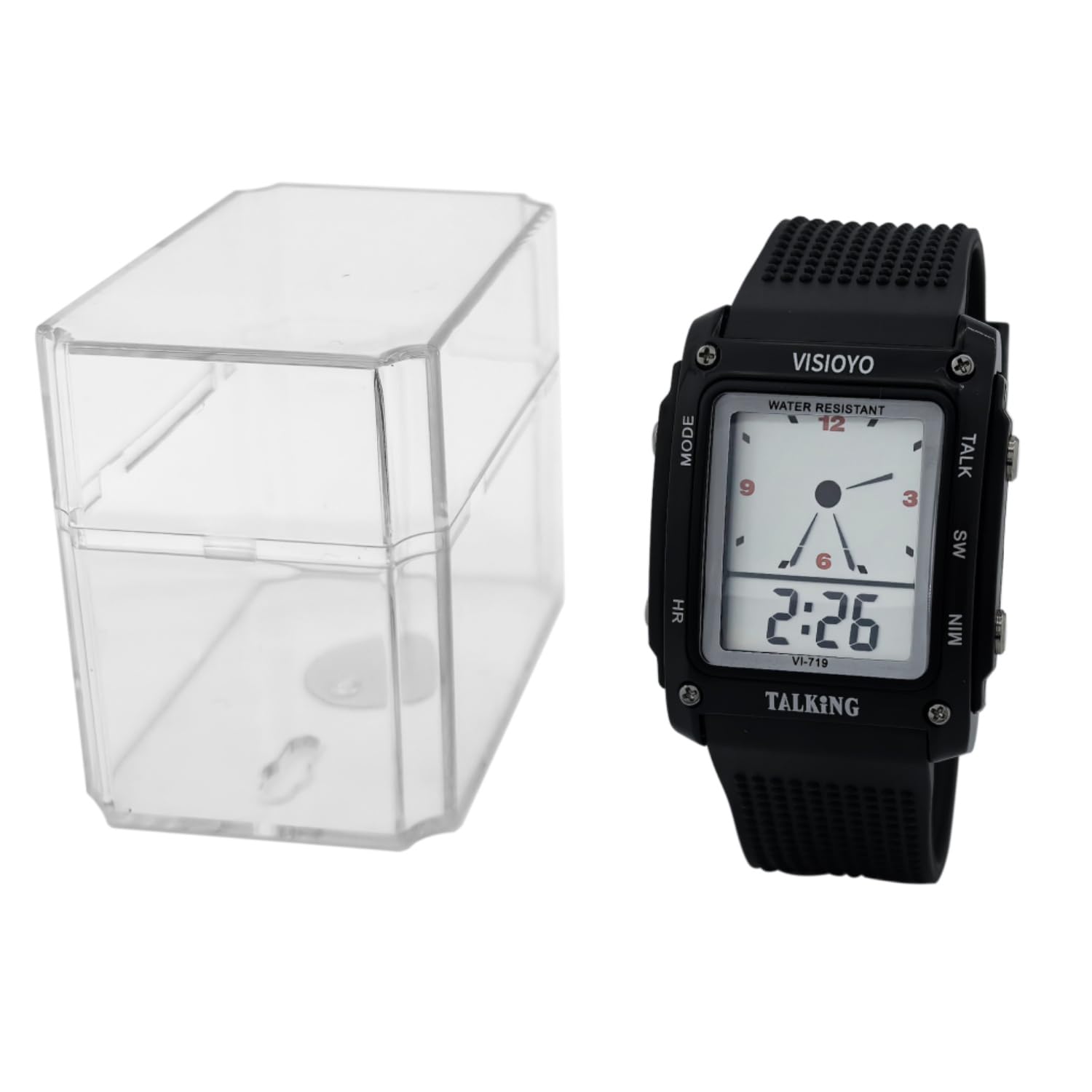 Reloj parlante rectangular analógico digital con alarma, anuncio de voz en español para ancianos ciegos con discapacidad visual VI-719-TS, Negro