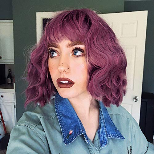 Isaic Short Wig for Women Pastel Purple Wig with Bangs Short Wavy Bob Wig Medium Length Heat Resistant Synthetic Wigs 12”