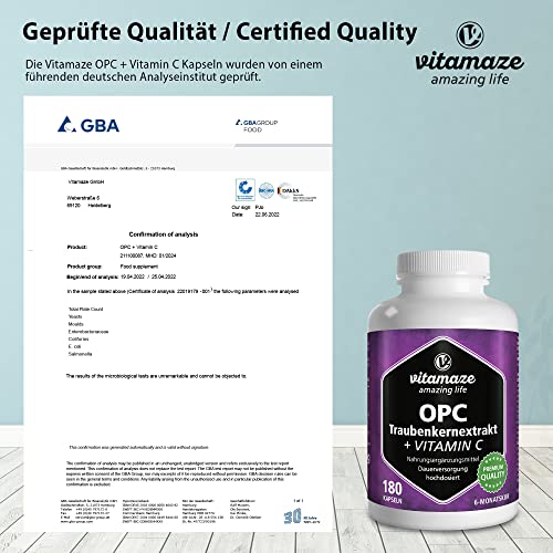 OPC Traubenkernextrakt Kapseln, zertifiziert, hochdosiert: 450 mg reines OPC, 180 Kapseln für 6 Monate, Natürliche Nahrungsergänzung ohne Zusätze, Made in Germany