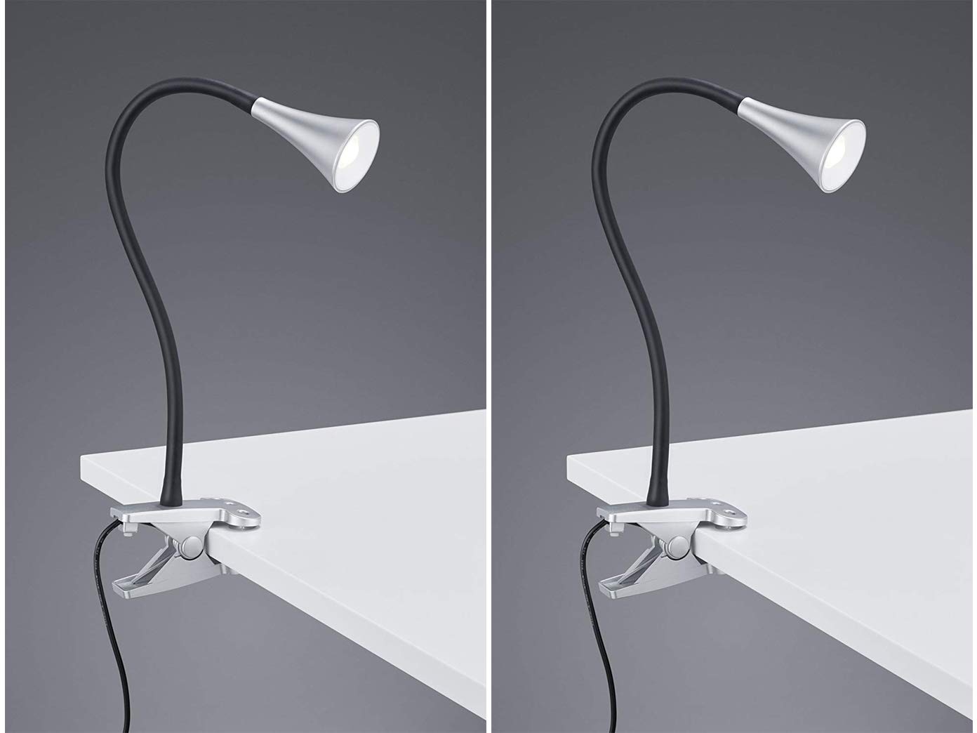 Lot de 2 lampes LED flexibles avec col de cygne - 1 lampe à pince en plastique - Argenté/noir.