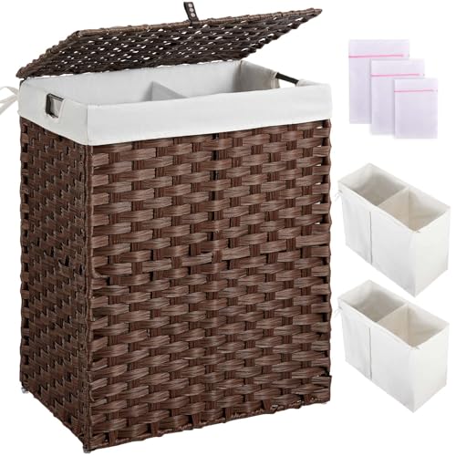 Greenstell Laundry Hamper with lid, No Install Needed, 90L Wicker Laundry Baskets Foldable 2 Removable Liner Bags, 2 Section Clothes Hamper Handwoven Rattan Laundry Basket with Handles, Brown
