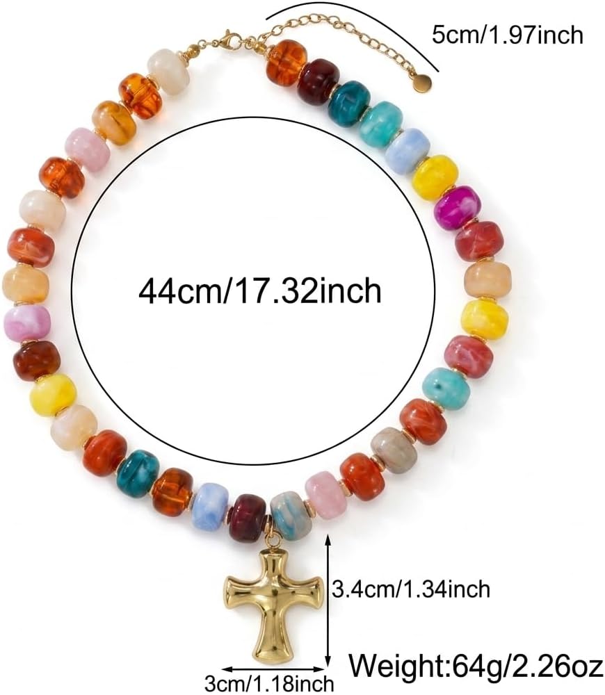 Chunky Cross Necklaces for Women,Colorful Resin Big Beads Beaded Choker Necklace Statement Fashion Trendy Summer Colorful Christian Necklaces Holiday Vocation Religious Jewelry Gifts Friendship
