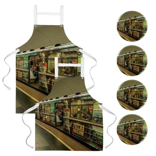 Tablier de cuisine multicolore Métro de Moscou, lot de 2 avec 4 broches amovibles