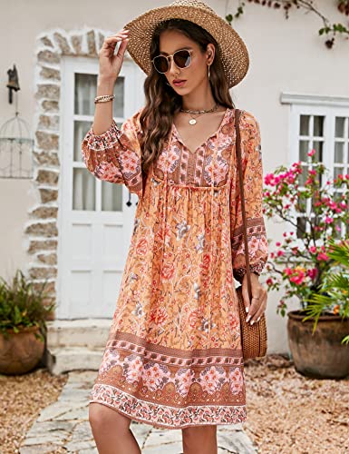 Image of Bluetime Women Casual Summer Dress Boho V Neck 3 /4 Sleeve Babydoll Floral Print Flowy Beach Dress