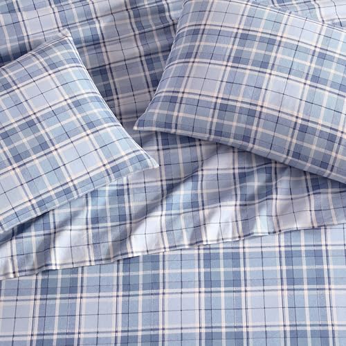 Image of Laura Ashley - Flannel Sheets Queen Size, Anti-Pilling & Wrinkle Resistant Cotton, Touchably Soft for All-Season Comfort - Bed Sheets with Matching Pillowcases & Fitted Sheet (Mulholland Plaid Blue)