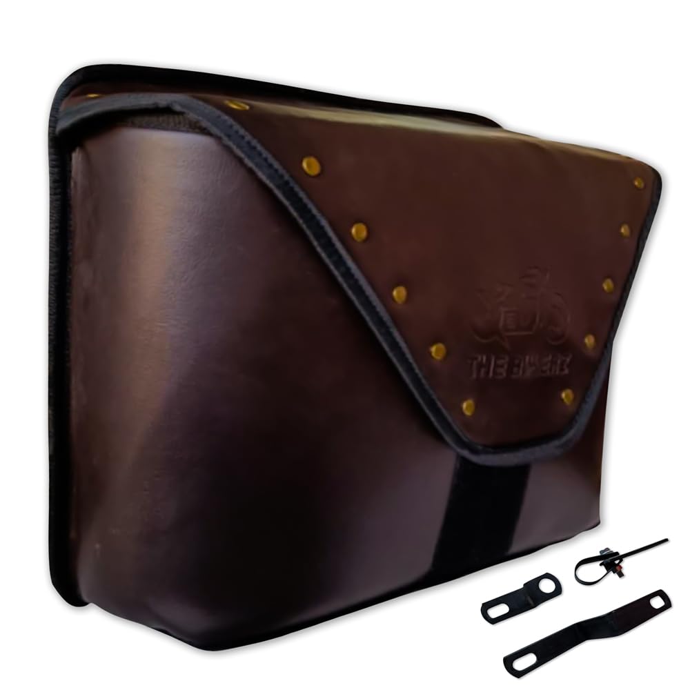 THE BIKERZ Zipper Flap Riveted Motorcycle Side Bags Saddle Bags Solo Bag Waterproof Luggage Leatherette Bag Compatible with All Bikes (Brown)