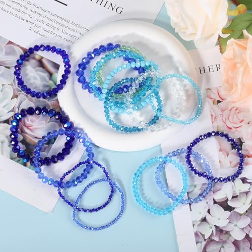 Ornaland 15 Pcs Beaded Bracelets for Women Blue Glass Bead Stackable Beach Surfer Stretch Bracelets Set Wrist Jewelry (Blue)3