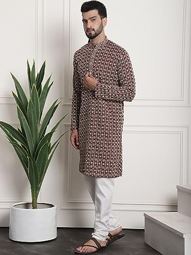 Image of SOJANYA (Since 1958 Mens Cotton Kurta with Multicolor Embroidery and White Churidaar