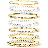 Dainty Gold Beaded Bracelet Stack for Women,Bohemia Stretch White Glass Beads Non Tarnish Stackable Bracelets Set Fashion Prom Party Holiday Accessories Jewelry Gift Friendship