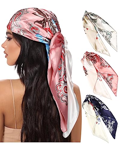 AWAYTR 35 Large Square Satin Head Scarf - 3Pcs Satin Hair Scarves Silk Bandana Headscarf Silk Feeling Scarf for Women (Cashew(beige/Pink/Blue))