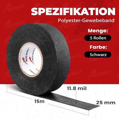 RED WOLF Isolierband Hitzebeständig Kfz Gewebeband Auto Kabel Klebeband Elektrische Kabel Stoffband Selbstklebendes Mehrzweckfilzband 15m x 25mm 5 Stück