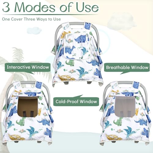 Image of Baby Carseat Seat Cover Boys, Winter Carseat Canopy, Cozy & Warm Cover with Zipper Peep Windows, Infant Minky Carrier Cover, Soft Breathable, Baby Must Have, White Dinosaur