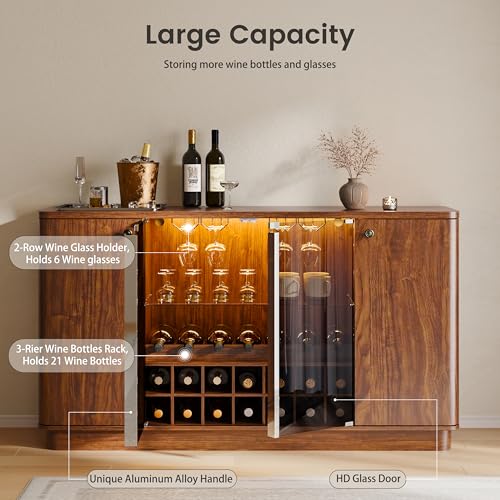 Image of Coffee Bar Cabinet with LED Light & Glass Doors, 60 inch Wine Liquor Cabinet with Wine Rack & Glass Holder & Adjustable Shelves, Coffee Station Sideboard Buffet Cabinet for Living Room Kitchen