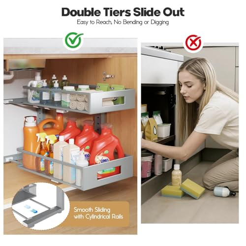 Image of 2 Packs 17IN Depth Under Sink Organizer, 2-Tier Pull Out Cabinet Organizer With Smooth Circular Rail, Large Capacity Metal Mesh Sliding Drawers For Bathroom& Kitchen Storage,Height Adjustable-Gun Gray
