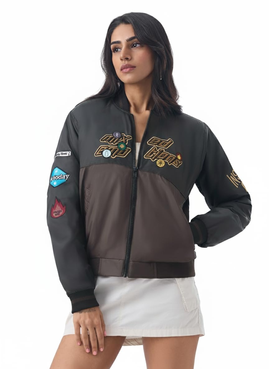 The Souled Store Inside Out: Mixed Emotions Women and Girls Full Sleeves Spread Collar Dark Grey Graphic Printed Polyester Regular Fit Lightweight Bomber Jacket in grey