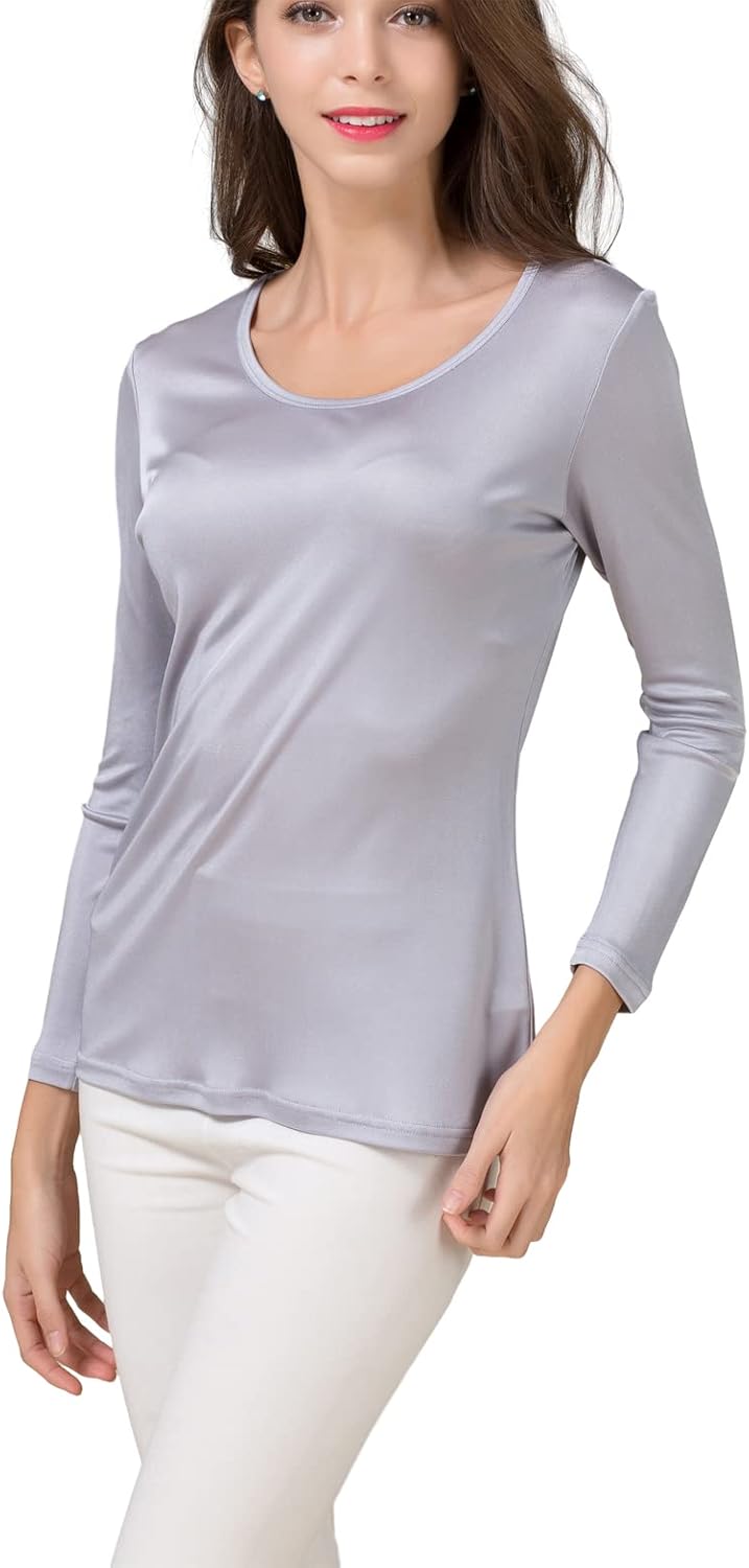 METWAY Women's Mulberry Silk T-Shirt Long Sleeve Pure Silk tee Shirt/Crew Neck Silk Blouse Undershirt - Image 2