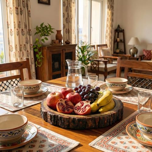 Image of Rustic Wooden Buckle Tray for Serving - 10 inch Round Wood Bark Edge Platter for Snacks, Fruits, Tea & Coffee | Food‑Safe Decorative Centerpiece for Dining & Coffee Table, Indian Homes & Gifting