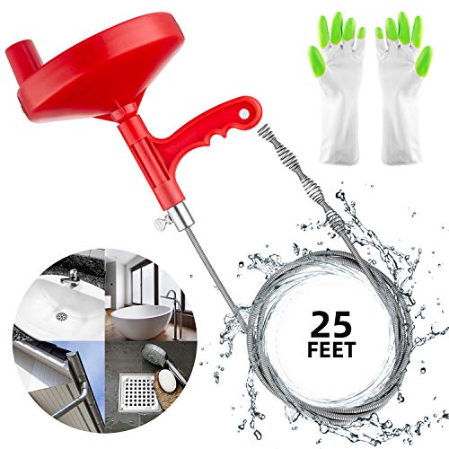 Oriflame 25 Feet Plumbing Snake Drain Auger Sink Snake Pipe Drain Cleaner for Bathroom Kitchen Sink, Shower Drain, Come with Gloves